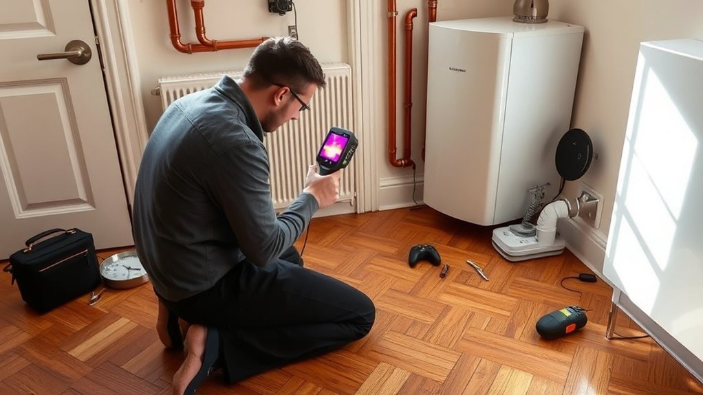 Engineer locating central heating leak using thermal imaging in West Norwood